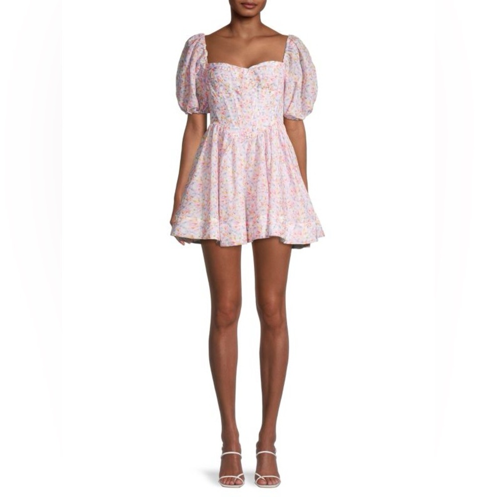 BARDOT Kiah Colorful Floral Cottagecore Corset Puff Sleeve Mini Dress Size Large